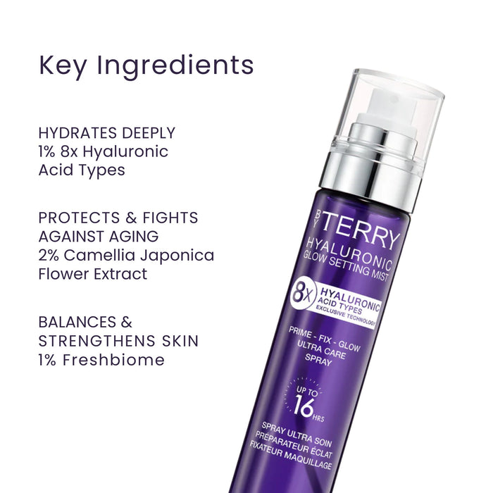By Terry Hyaluronic Glow Setting Mist Key ingredients and benefits text beside angled bottle