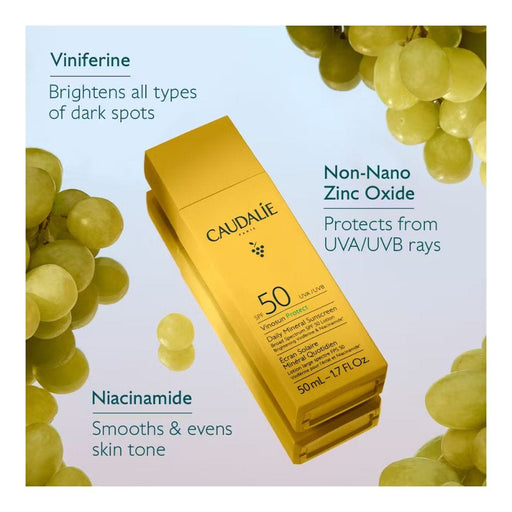 Caudalie Vinosun Protect SPF50 stylized key ingredients descriptions