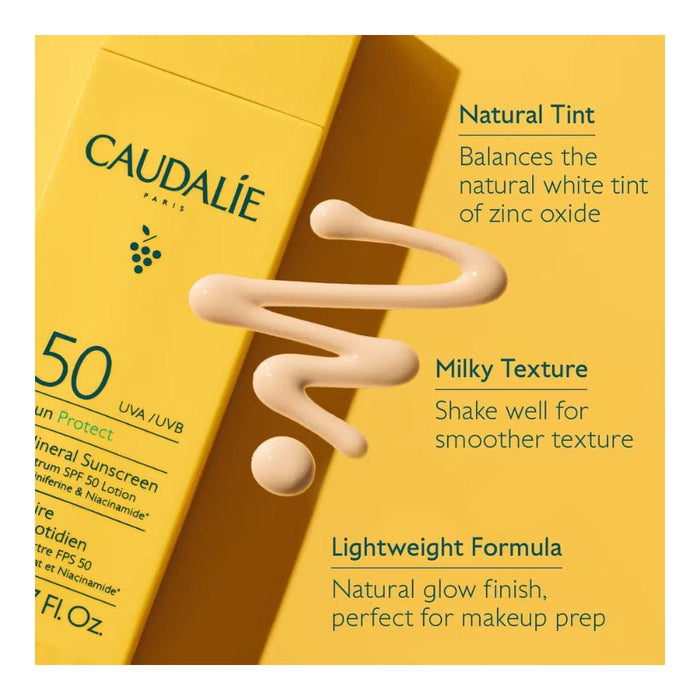 Caudalie Vinosun Protect SPF50 stylized swatch with key benefits listed