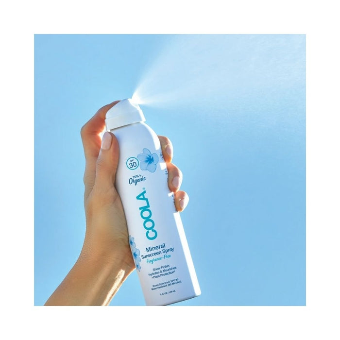 Coola Mineral Sunscreen Spray SPF 30 Fragrance Free 5oz spray stylized 