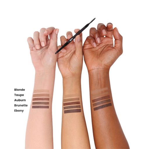 Esum Brow Defining Pencil swatch colors on 3 different skin tones light, medium tan, dark. 