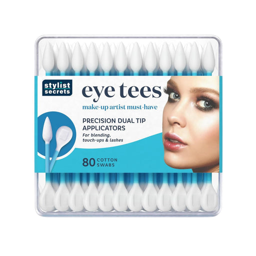 Fran Wilson Eye Tees 80 count cotton swab dual-tip applicators. One end tapered to a point, the other flat and round.