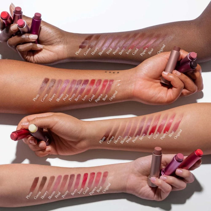 Fresh Sugar Lip Balm arm swatches on 3 different skin tones with names