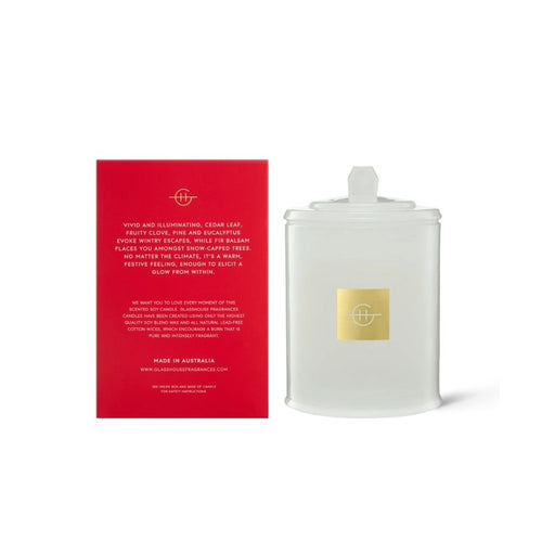Glasshouse Fragrances White Christmas Soy Candle Cedar Leaf & Fruity Clove rear 
