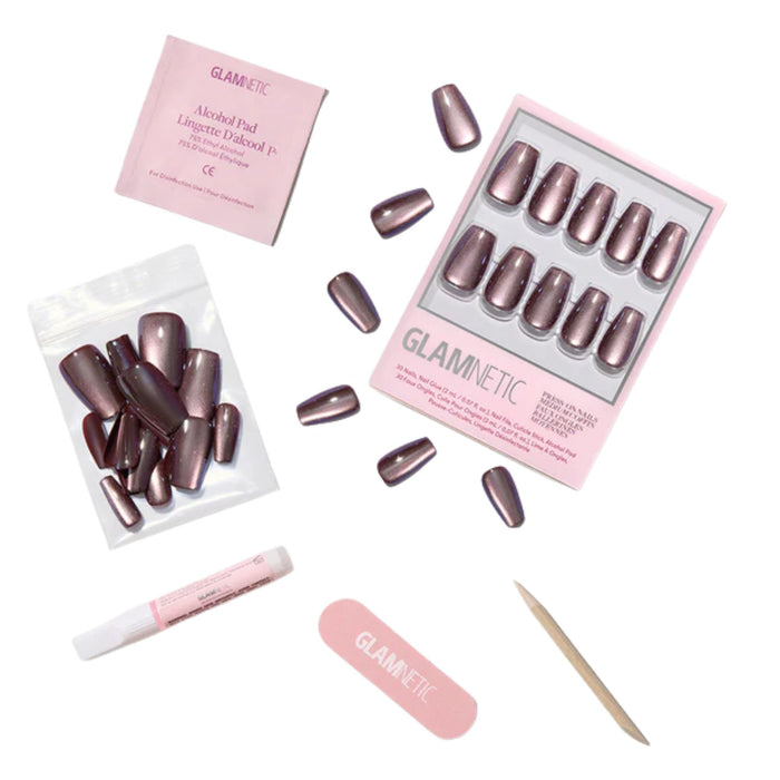 Glamnetic Press-On Nails Espresso Glow kit contents spread out on white background