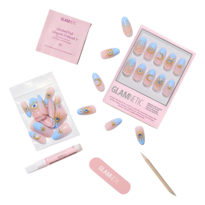 Glamnetic Press-On Nails Spirited Sky kit contents spread across a white background