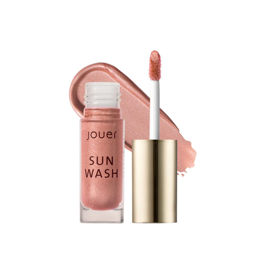 Jouer Sun Wash Liquid Blush For Cheek + Lips Pêche Éclat with swatch behind