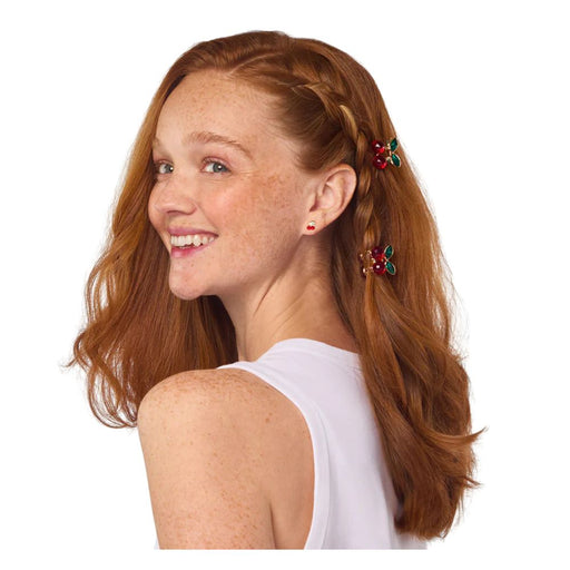 Kitsch Mini Rhinestone Cherry Claw Clips in model's hair