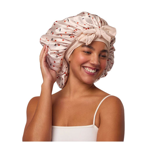 Kitsch Cherry Print Adjustable Oversized Satin Bonnet on model