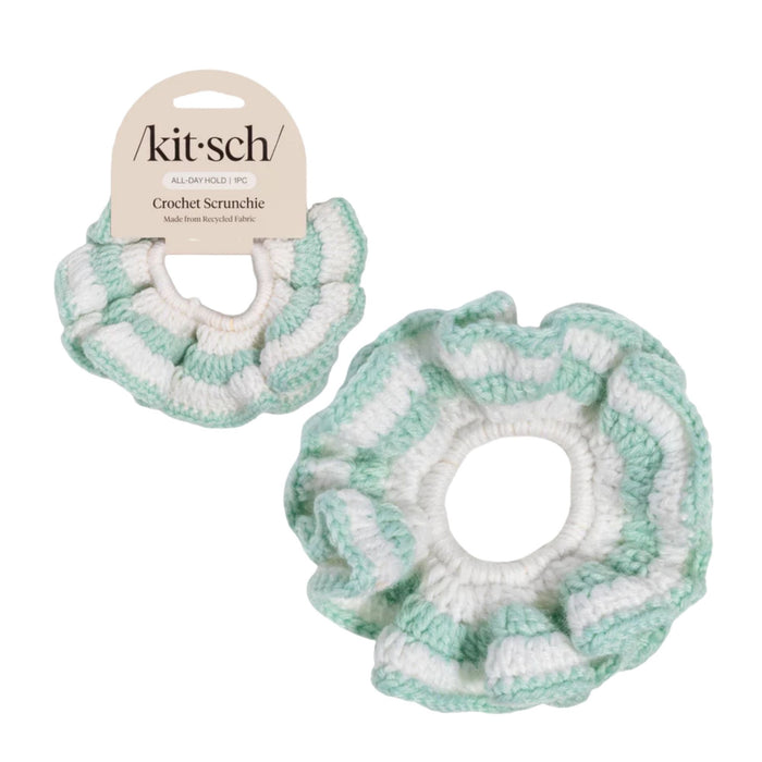 Kitsch Crochet Scrunchie Seafoam Blue and white striped