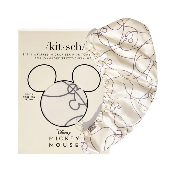 Kitsch Mickey print Satin Wrapped Hair Towel in front of packaging