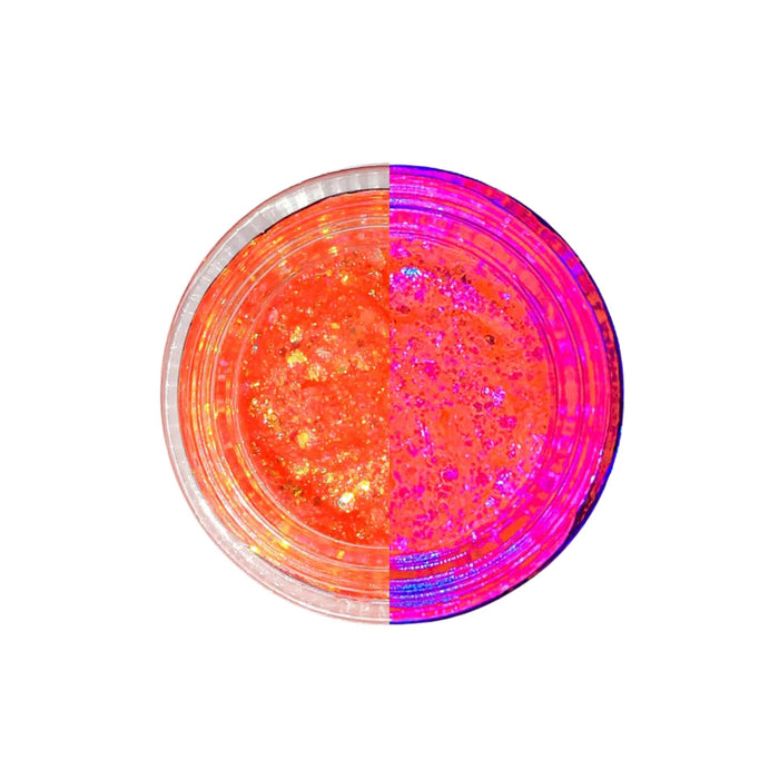 Lemonhead LA Glowjam UV Sheer Commando orange. Jar seen from above half in regular light half under UV light. 
