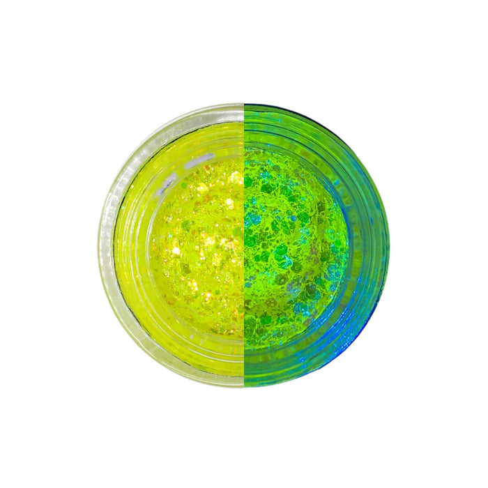 Lemonhead LA Glowjam UV Sheer Electric Daze yellow. Jar seen from above half in regular light half under UV light.