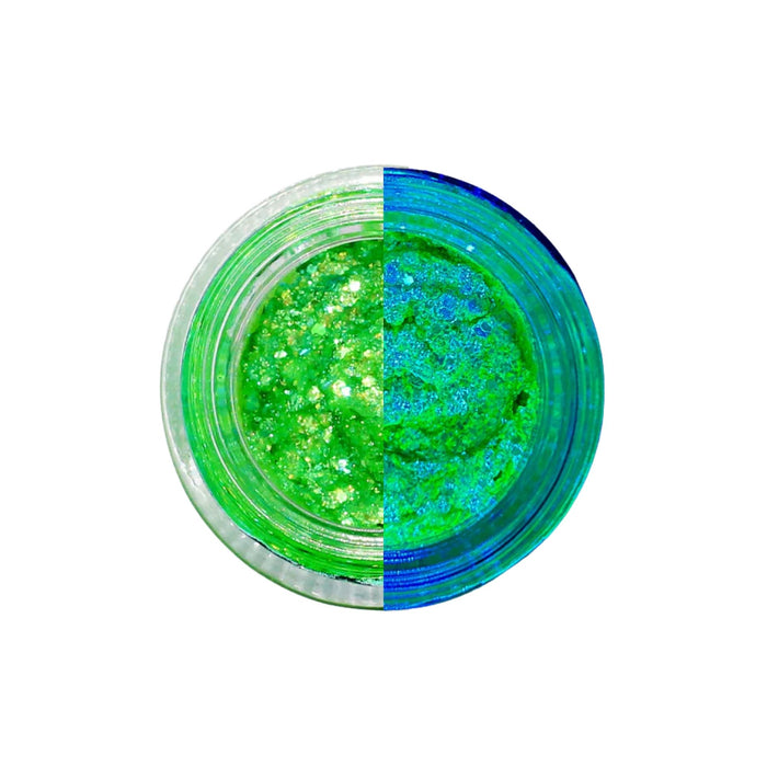 Lemonhead LA Glowjam UV Sheer Palms green. Jar seen from above half in regular light half under UV light.
