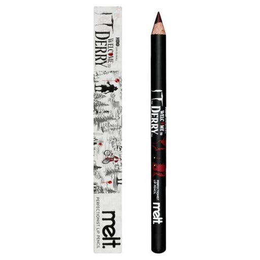 Melt Cosmetics Perfectionist Lip Pencil Red Balloon packaging next to uncapped product