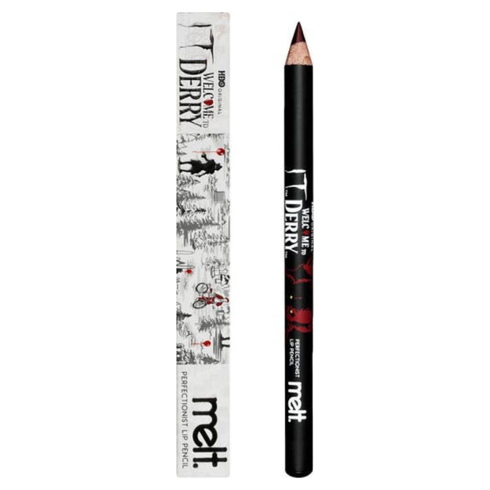 Melt Cosmetics Perfectionist Lip Pencil Red Balloon packaging next to uncapped product