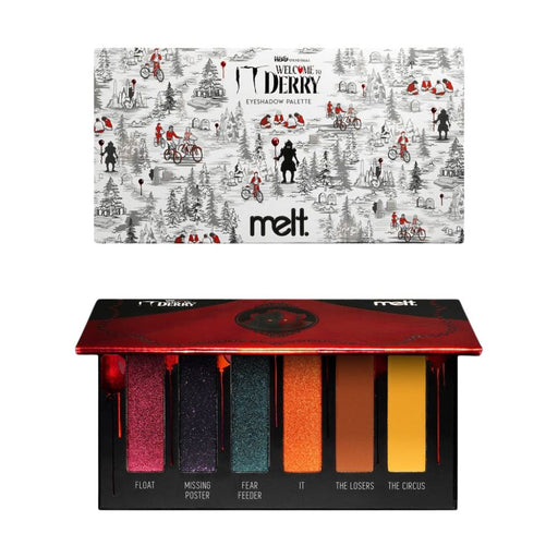 Melt Cosmetics Palette Welcome To Derry packaging above partially open palette.