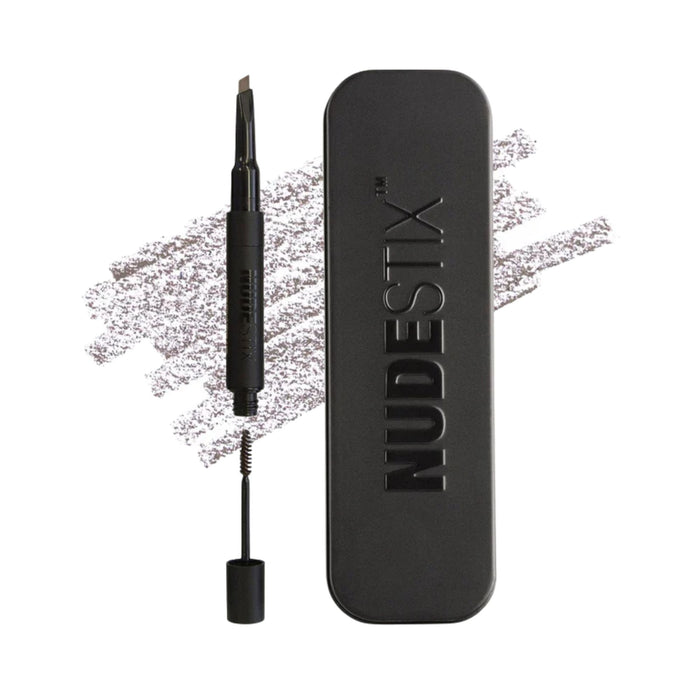 Nudestix Eyebrow Stylus Pencil and Gel Ash Brown pack shot with swatch behind