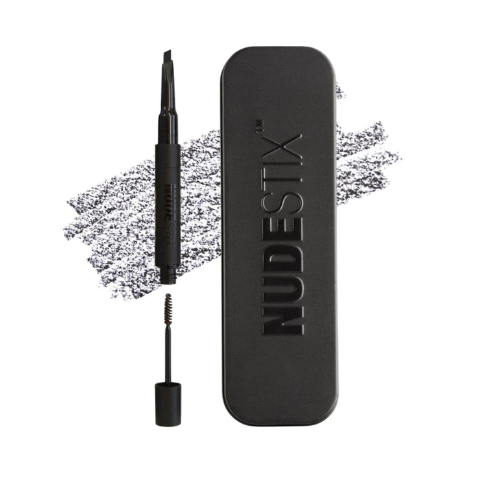 Nudestix Eyebrow Stylus Pencil and Gel Brown Black pack shot with swatch behind