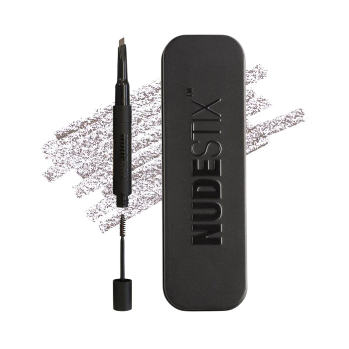 Nudestix Eyebrow Stylus Pencil and Gel Brown pack shot with swatch behind