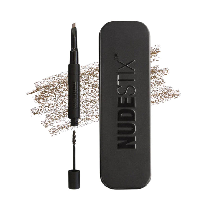 Nudestix Eyebrow Stylus Pencil and Gel Dirty Blond pack shot with swatch behind
