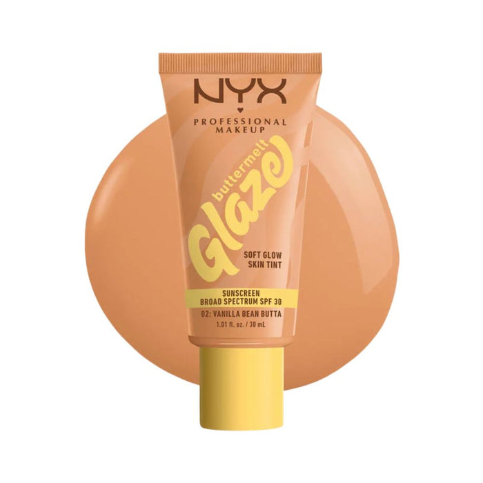 NYX Buttermelt Glaze Soft Glow Skin Tint 02 vanilla bean butta with swatch behind