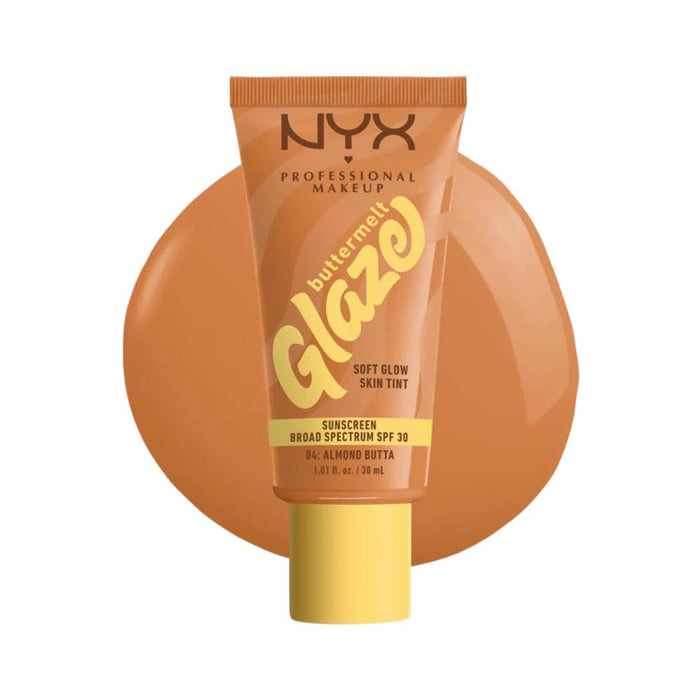 NYX Buttermelt Glaze Soft Glow Skin Tint 04 almond butta with swatch behind