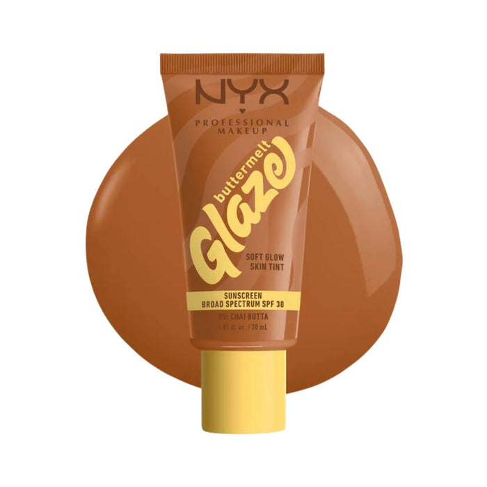 NYX Buttermelt Glaze Soft Glow Skin Tint 05 chai butta with swatch behind
