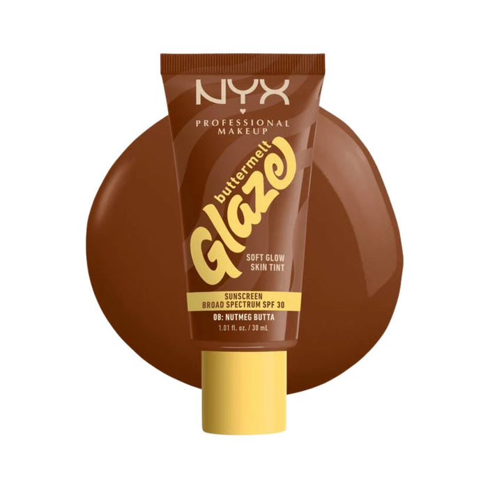NYX Buttermelt Glaze Soft Glow Skin Tint 08 nutmeg butta with swatch behind