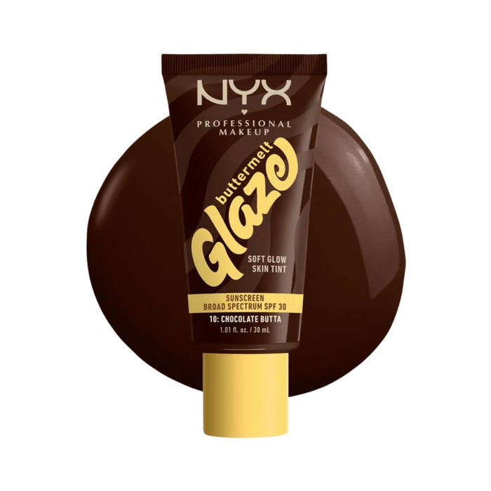 NYX Buttermelt Glaze Soft Glow Skin Tint 10 chocolate butta with swatch behind