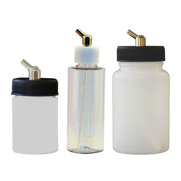 Paasche Airbrush Bottles, all available sizes lined up in ascending order