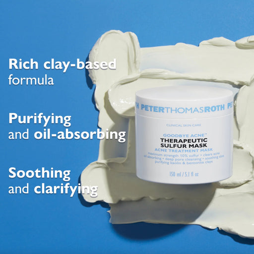 Peter Thomas Roth Goodbye Acne Therapeutic Sulfur Mask displayed with rich clay texture, highlighting purifying, oil-absorbing, soothing, and clarifying benefits.