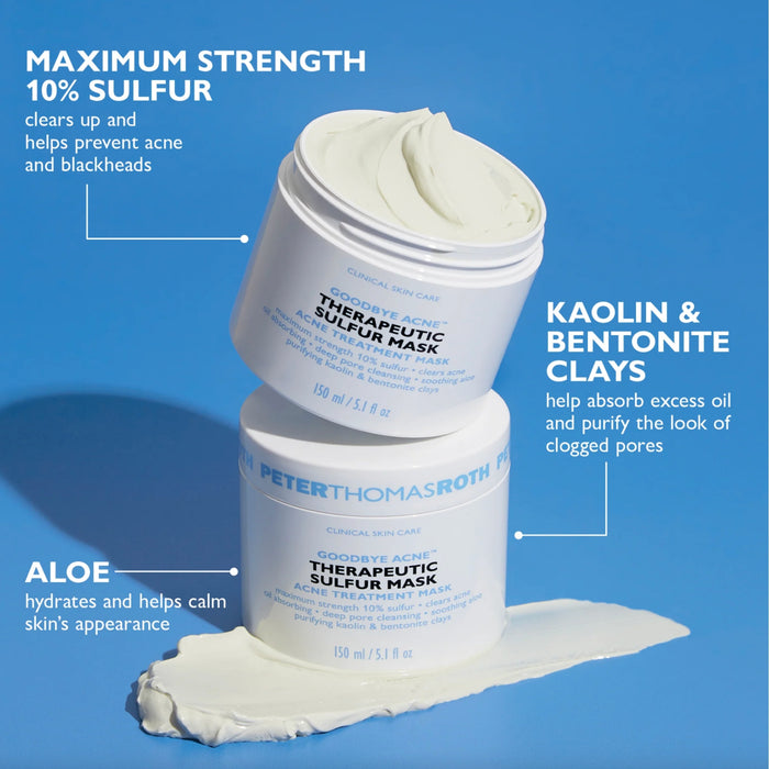 Peter Thomas Roth Goodbye Acne Therapeutic Sulfur Mask featuring ingredient callouts for 10% sulfur, kaolin and bentonite clays, and soothing aloe.
