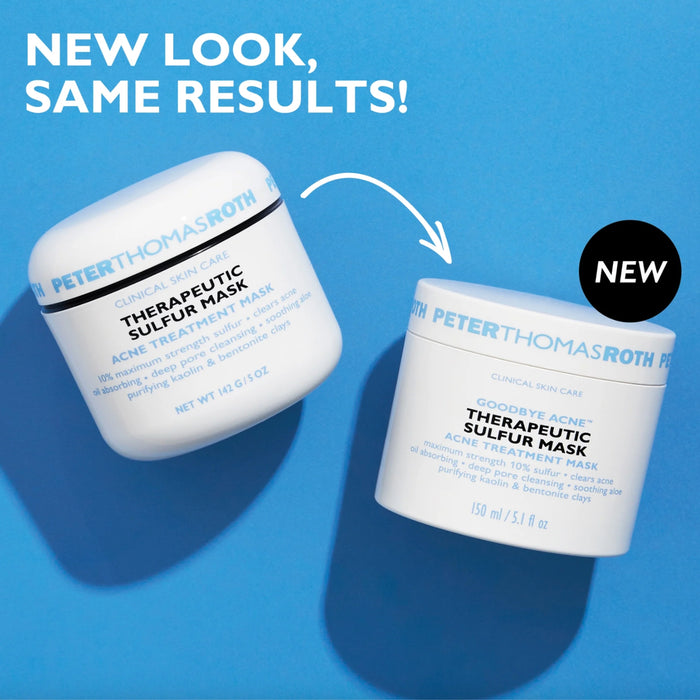 Peter Thomas Roth Goodbye Acne Therapeutic Sulfur Mask shown with updated packaging next to previous design, highlighting new look with same formula and results.