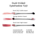 RMS Dual-Ended Eyeshadow Tool breakdown text. Swatch examples when ends used with different techniques