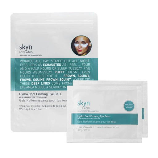 Skyn Iceland Hydro Cool Firming Eye Gels 12 count packshot and individual packs in front