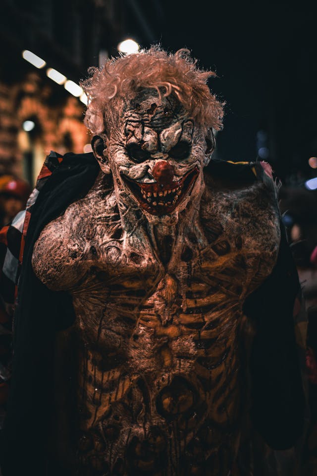 Man in skeleton clown costume with special FX prosthetics