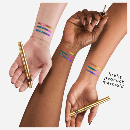 Stila Stay All Day Chroma-Flash Liquid Eyeliner swatches on the arms of 3 different skin tones. 