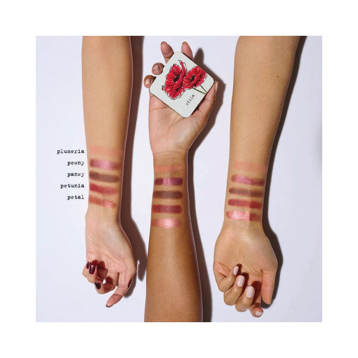 Stila Pocket Play Eye Shadow Palette Berry Bouquet swatches on arms of different skin tones. Names for each color to the side