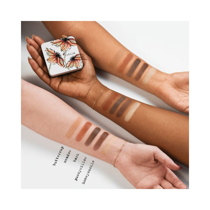 Stila Pocket Play Eye Shadow Palette Desert Bloom swatches on arms of different skin tones. Names for each color to the side.