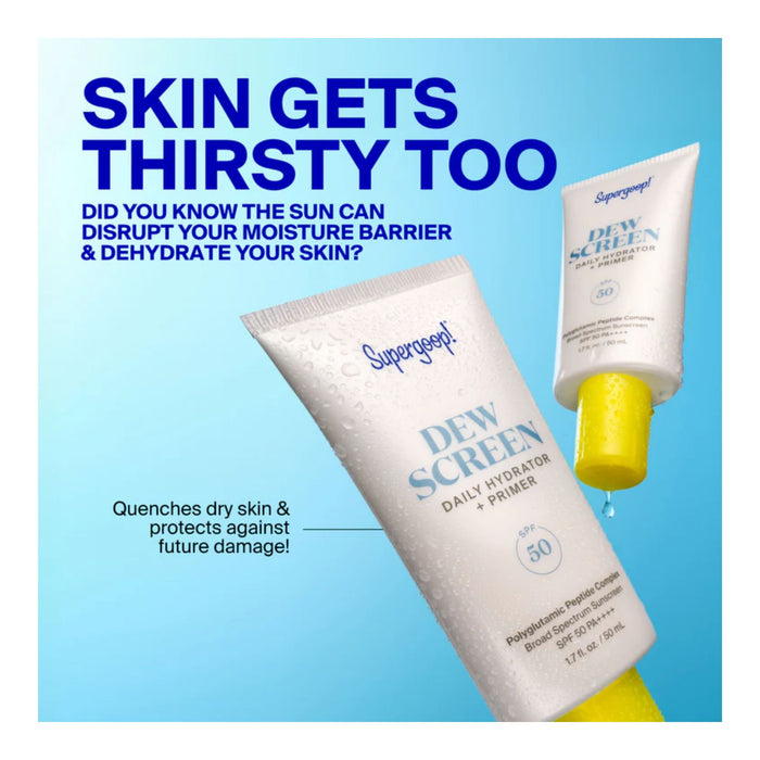 Supergoop! Dewscreen Hydrating Primer SPF 50 main benefit of use text. 