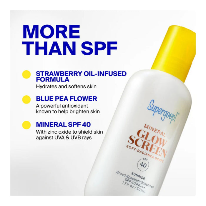 Supergoop! Mineral Glow Screen Soft-Radiance Drops SPF40 key ingredients and their benefits