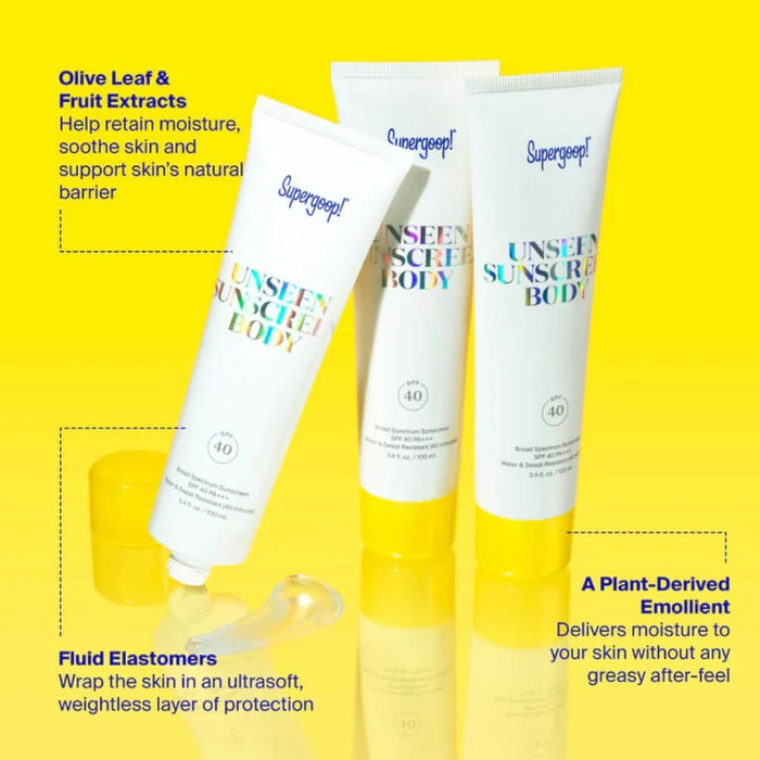 Supergoop! Unseen Sunscreen Body SPF 40 product infographic 