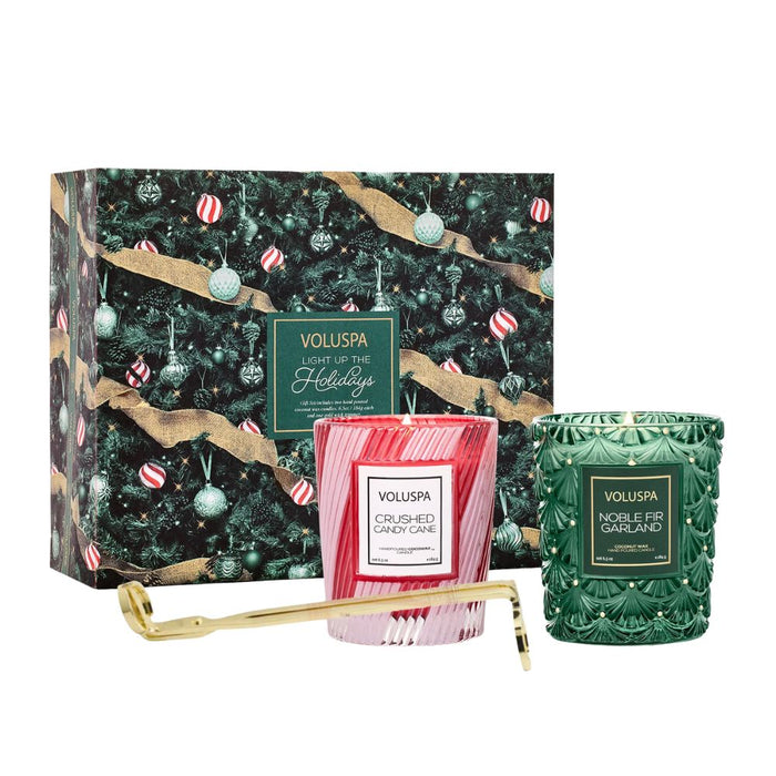 Voluspa Light Up The Holidays Classic Duo candle set with wick trimmer