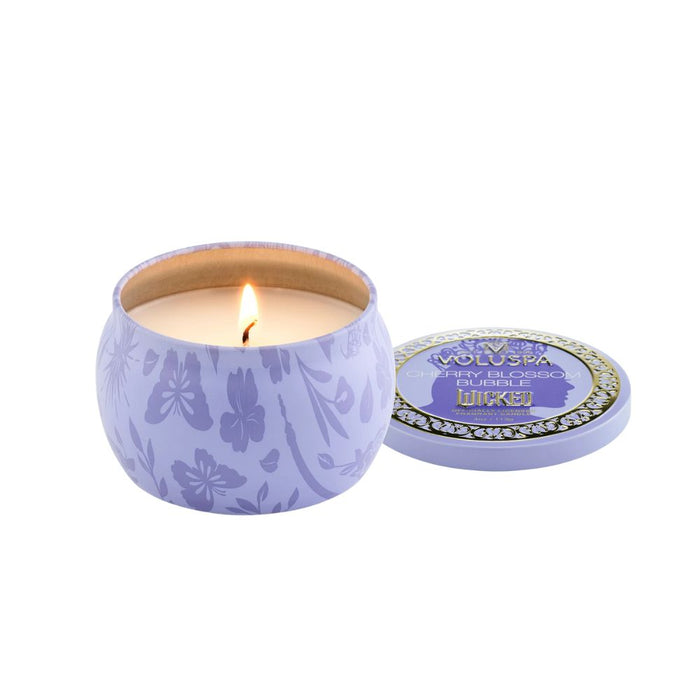 Voluspa Wicked Act II Collection Mini Tin Candle 4oz Cherry Blossom Bubble lit