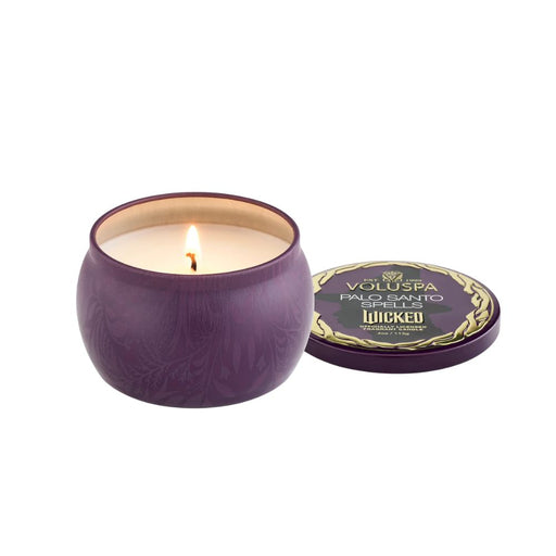 Voluspa Wicked Act II Collection Mini Tin Candle 4oz Palo Santo Spells lit